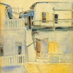 בתים, צבעי מים, חתום ב.פרידקס, 1945